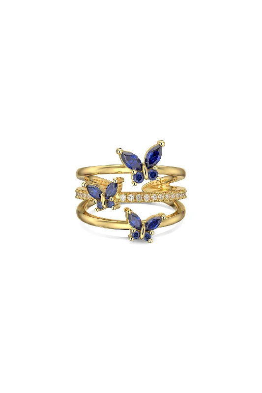 women chic rings -18k Gold Plated Butterfly Adjustable Triple Wrap Open Ring