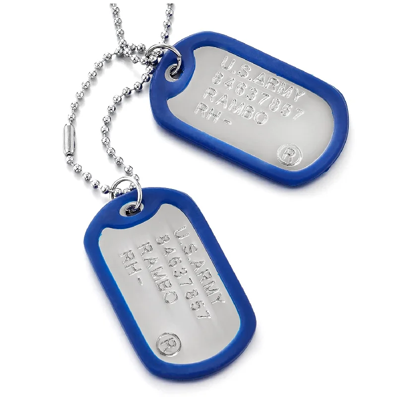 women lock necklaces -Two-Pieces Mens Military Army Dog Tag with Blue Silicone Pendant Necklace, 28 inches Ball Chain