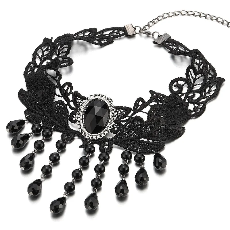 women pearl pendant necklaces -Gothic Victorian Nostalgic Black Lace Choker Necklace with Dangling Black Bead Charms Link Chain