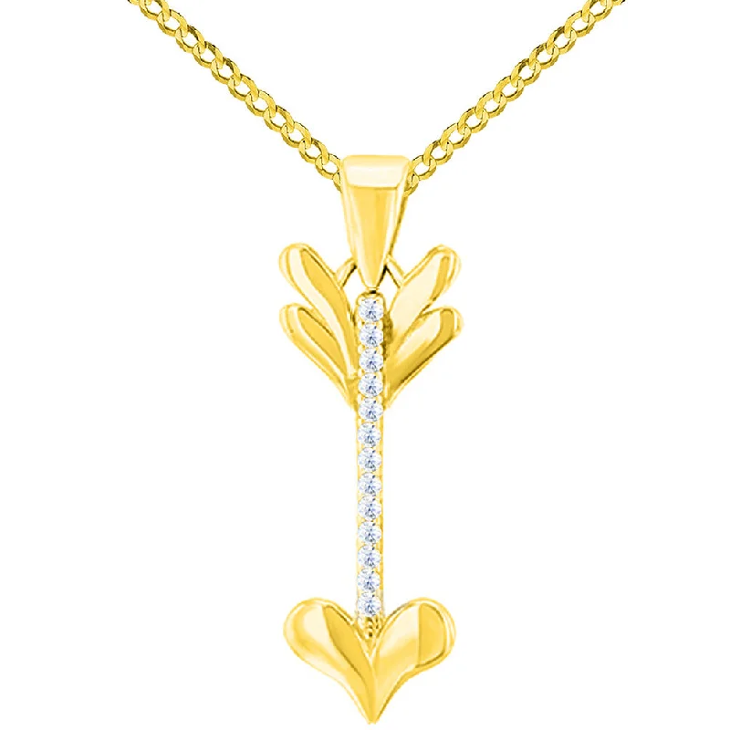 women star pendant necklaces -Solid 14K Yellow Gold Reversible CZ Love Arrow Pendant with Cuban Chain Necklace