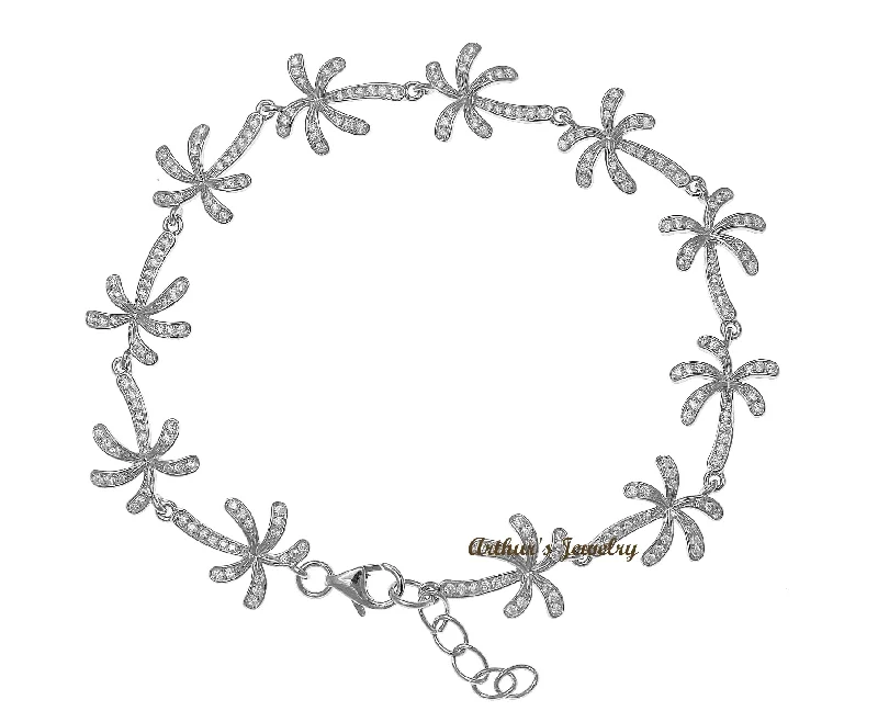 women crystal bangles -SOLID 925 STERLING SILVER HAWAIIAN PALM TREE LINK BRACELET CZ RHODIUM 7.5 INCH