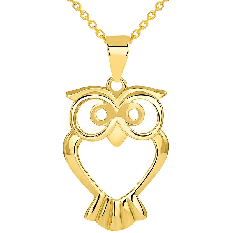 women halo necklaces -Solid 14K Yellow Gold Open Big Eyes Owl Animal Pendant Necklace