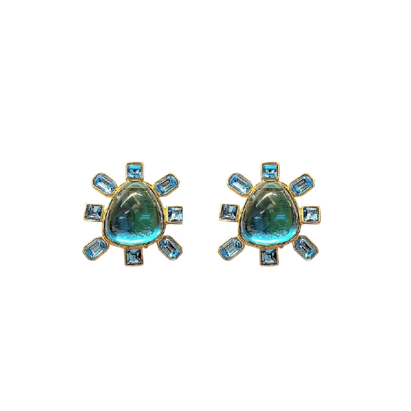 women heart-shaped necklaces -Aqua and Aqua Cabochon Center Clip Earring