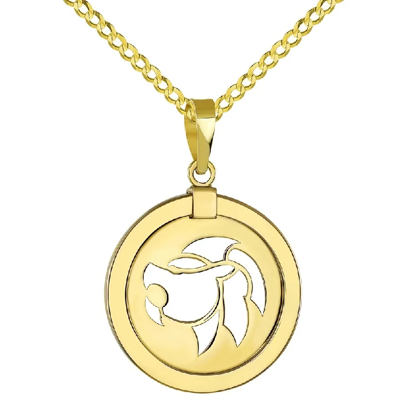 women engagement necklaces -14K Yellow Gold Reversible Round Lion Leo Zodiac Sign Pendant with Cuban Chain Necklace