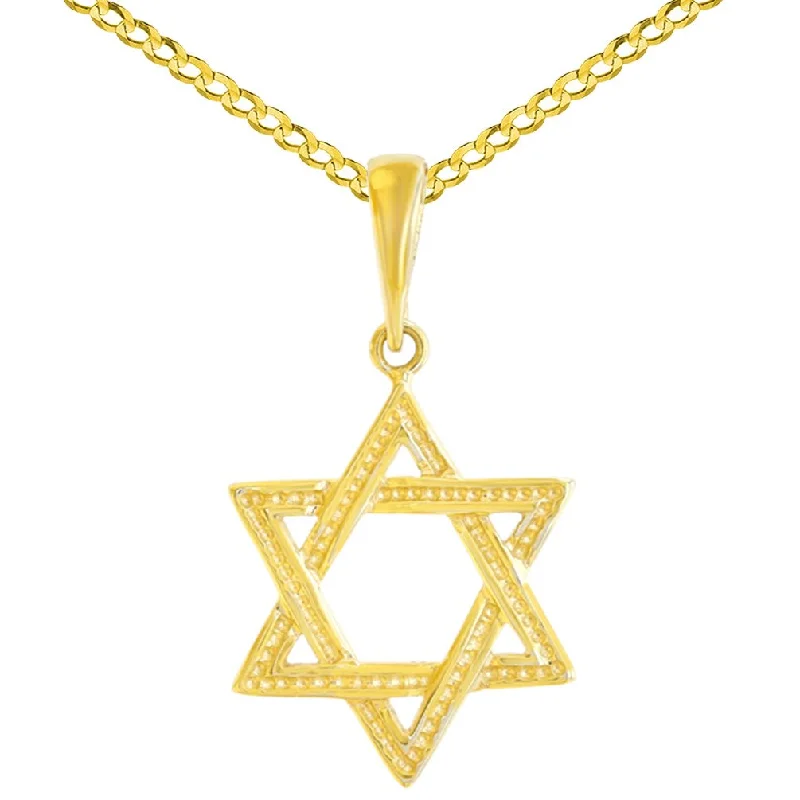 women geometric necklaces -Solid 14K Yellow Gold Textured Jewish Star of David Charm Pendant Cuban Concave Necklace