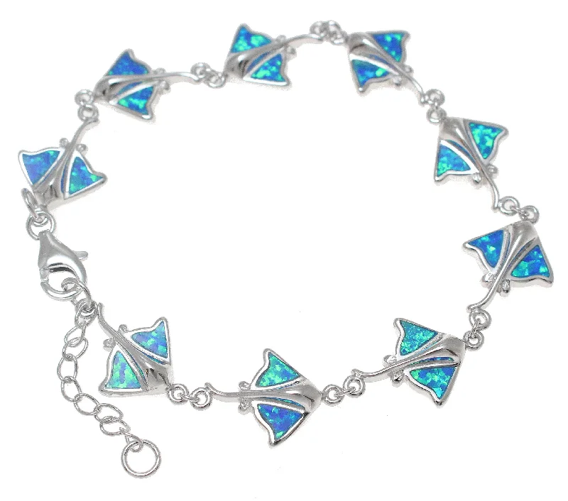 women luxury bracelets -925 Sterling Silver Rhodium Hawaiian Stingray Ray Fish Blue Opal Bracelet 7"+