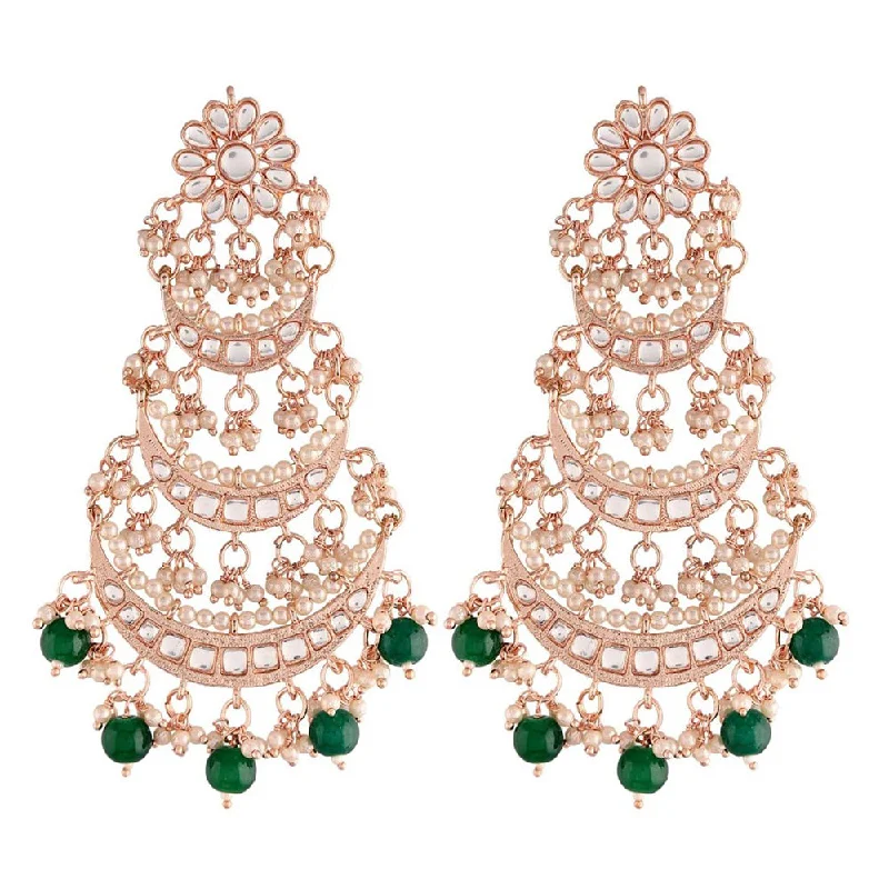 women matching earrings -Etnico 18k Rose Gold Plated 3 Layered Beaded Chandbali Earrings with Kundan and Pearl Work for Women (E2859RGG)