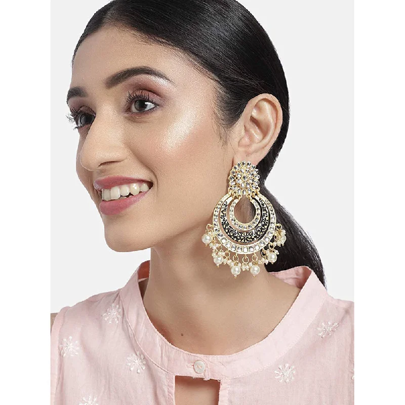 women moon earrings -Etnico 18k Gold Plated Enamel/Meenakari Big Chandbali Earrings Glided With Kundan & Pearl for Women (E2860B)