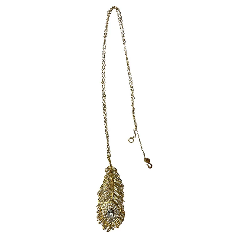 women bridal gold necklaces -Gold-Plated Feather Pendant with Crystal Stone Necklace