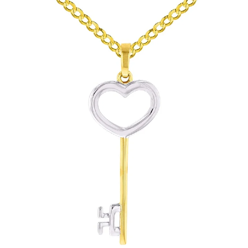 women gold necklaces -Solid 14K Yellow Gold Open Key to My Heart Love Pendant with Cuban Chain Necklace