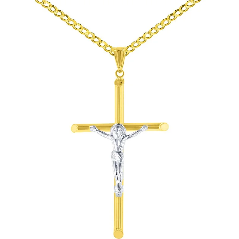 women modern necklaces -14K Two-Tone Gold Slender Crucifix Charm Cross with Jesus Christ Pendant Necklace