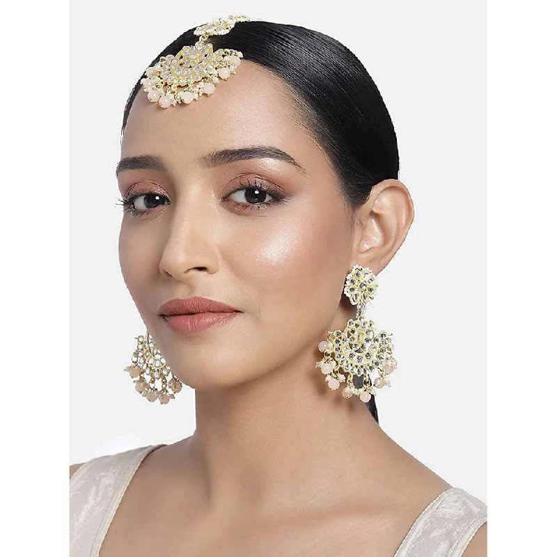 women trendy hoop earrings -Etnico18K Gold Plated with Stunning Matte Finish Traditional Kundan & Faux Pearl Chandbali Earrings with Maang Tikka Set (TE2911Pe)