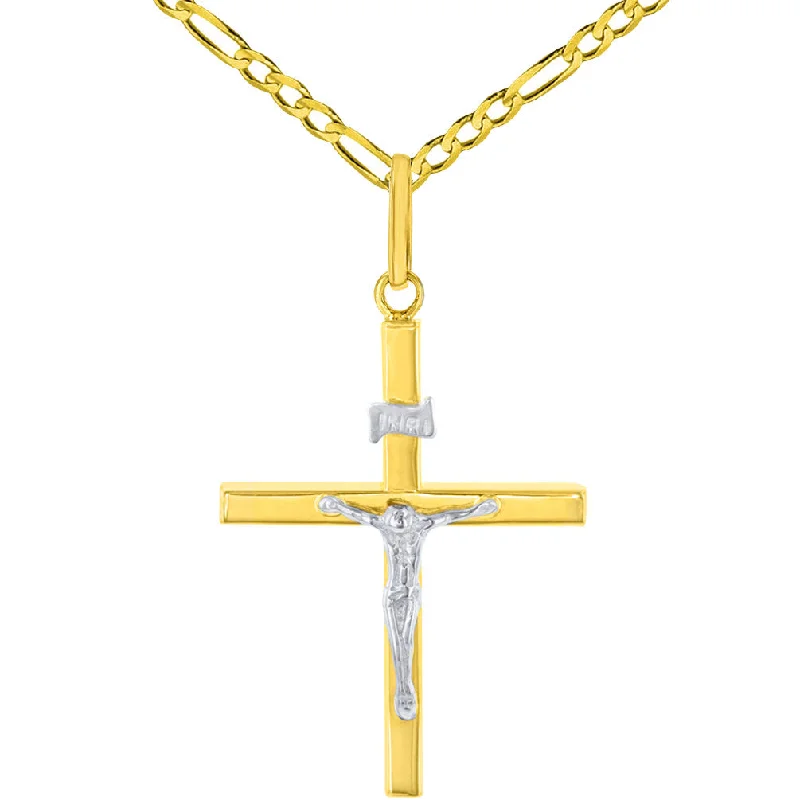 women luxury silver necklaces -14K Two-Tone Gold Slender Cross INRI Crucifix Pendant Necklace