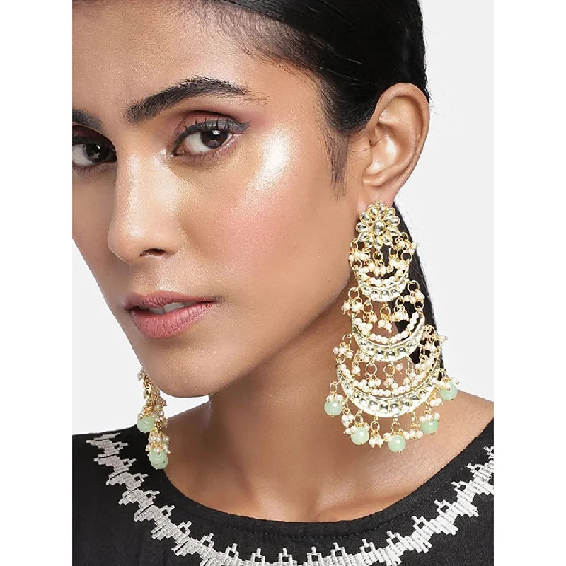 women gold hoop earrings -Etnico 18k Gold Plated 3 Layered Beaded Chandbali Earrings with Kundan and Pearl Work for Women (E2859-1) (Mint)