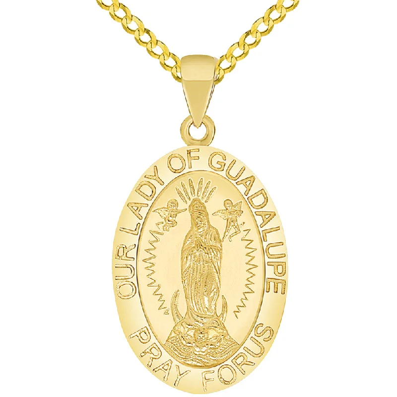 women diamond necklaces -Solid 14k Yellow Gold Our Lady Of Guadalupe Pray For Us Miraculous Medal Pendant Necklace with Curb Chain