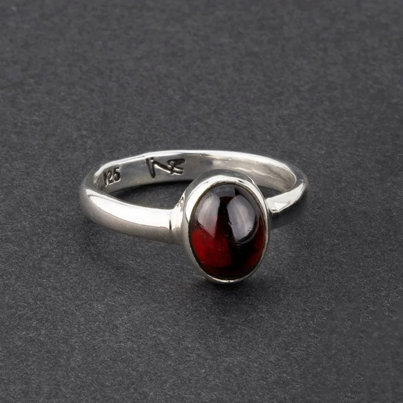 women pearl rings -Simple Oval Sterling Silver Garnet Ring