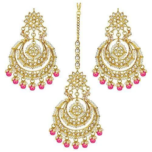 women geometric earrings -Etnico Traditional Gold Plated Wedding Chandbali Kundan & Pearl Earring Set With Maang Tikka for Women (TE7077Q)