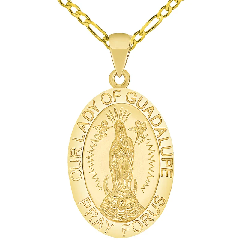 women gold necklaces -Solid 14k Yellow Gold Our Lady Of Guadalupe Pray For Us Miraculous Medal Pendant Necklace with Figaro Chain