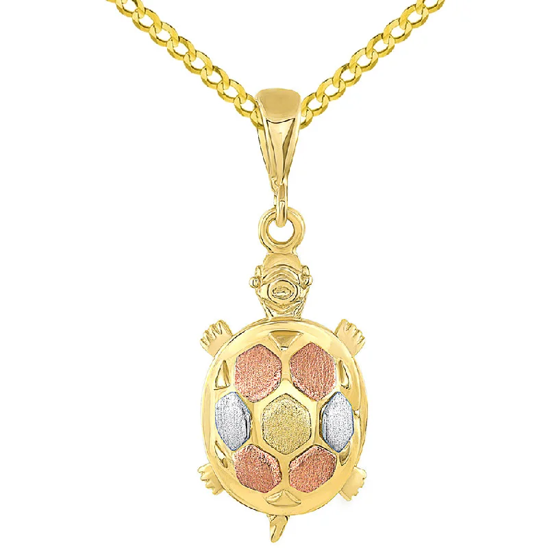 women butterfly pendant necklaces -14K Tri-Color Gold Fancy Turtle Charm Animal Pendant with Cuban Chain Necklace