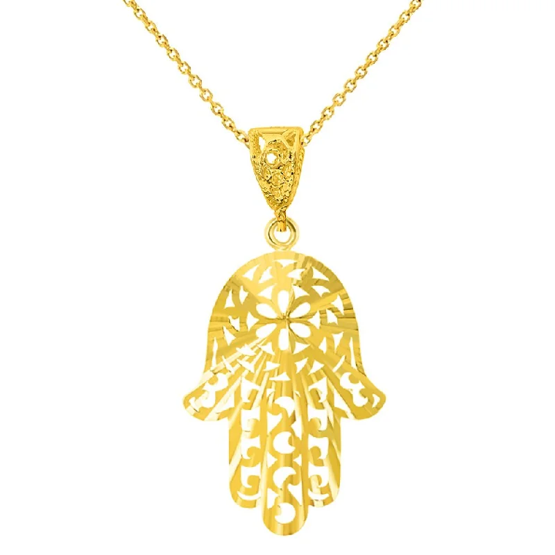 women sapphire necklaces -Textured 14K Yellow Gold Filigree Hamsa Hand of Fatima Pendant Necklace