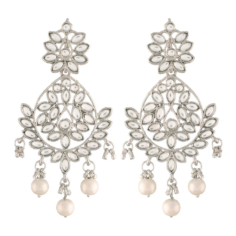 women hammered earrings -Etnico 18k Rhodium Plated Chandbali Earrings Encased With Faux Kundans For Women/Girls (E2465ZW)