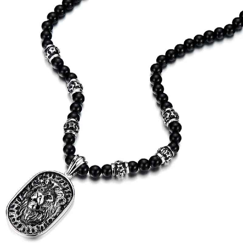 women chain necklaces -Gothic Style Mens Beads Necklace with Stainless Steel Lion Head Shield Pendant