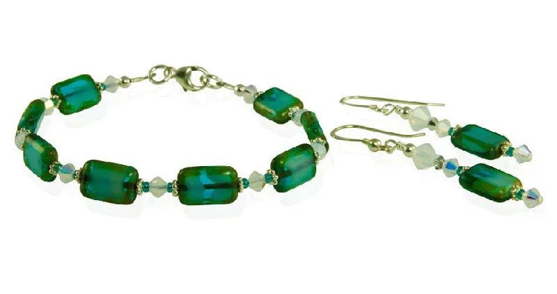 women twisted bracelets -Opal Teal Green Czech Window Bracelet Set