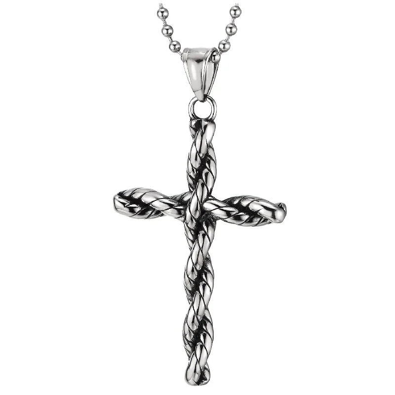 women round pendant necklaces -Mens Womens Stainless Steel Twisted Braided Cross Pendant Necklace, 30 inches Ball Chain