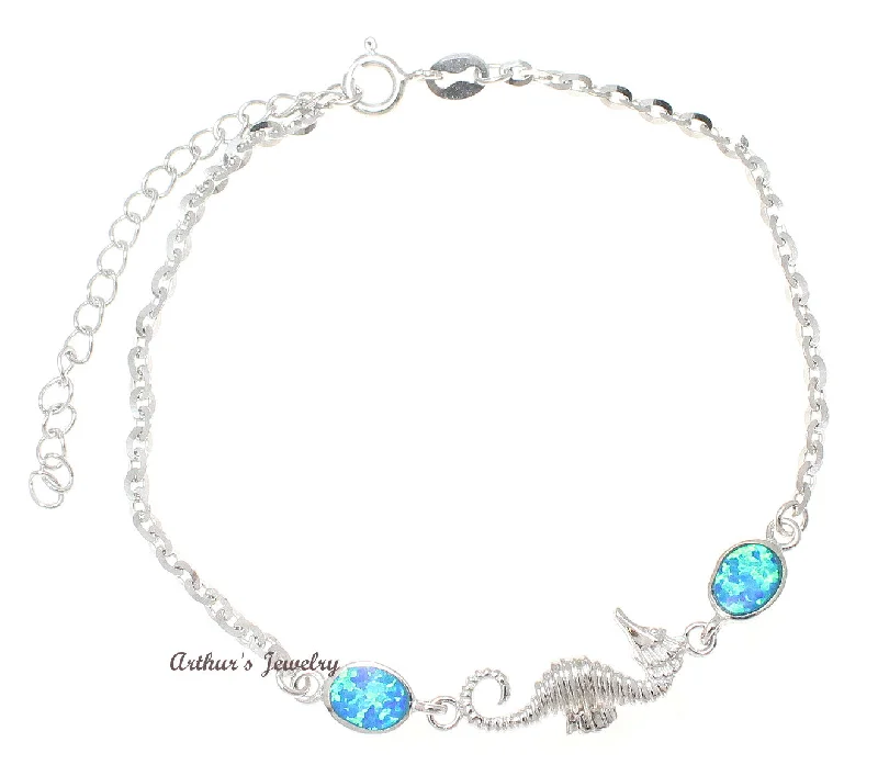 women adjustable bracelets -925 Sterling Silver Rhodium Hawaiian Seahorse Blue Opal Link Chain Bracelet 7"+