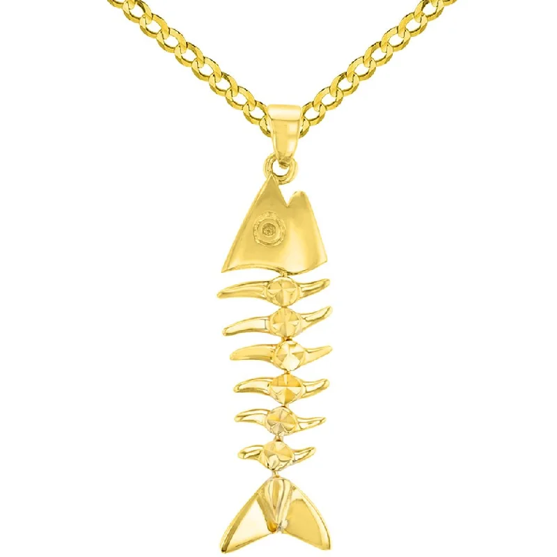 women short necklaces -Solid 14K Yellow Gold Dangling Fishbones Pendant with Cuban Chain Necklace