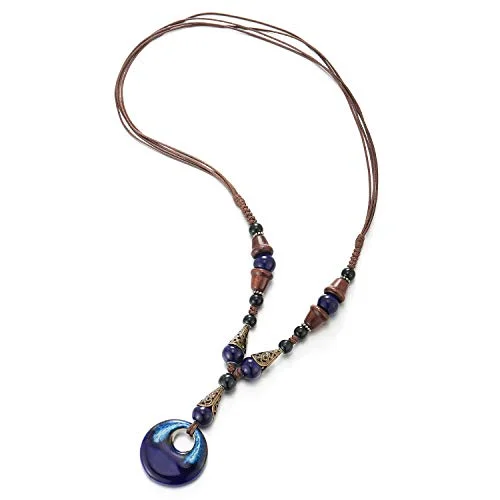 women flower pendant necklaces -Boho Ethnic Long Necklace Wood Beads Gem Stone String with Dangling Oval Charm