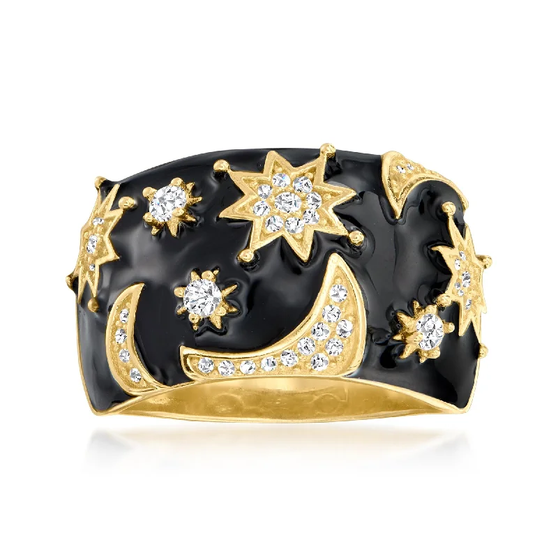 women modern luxury engagement rings -Ross-Simons White Topaz and Black Enamel Celestial Ring in 18kt Gold Over Sterling