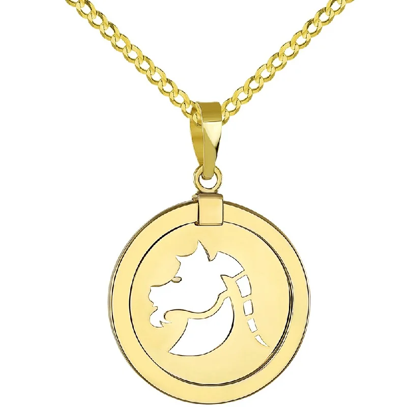 women gemstone necklaces -14K Yellow Gold Reversible Round Capricorn Goat Zodiac Sign Pendant with Cuban Chain Necklace