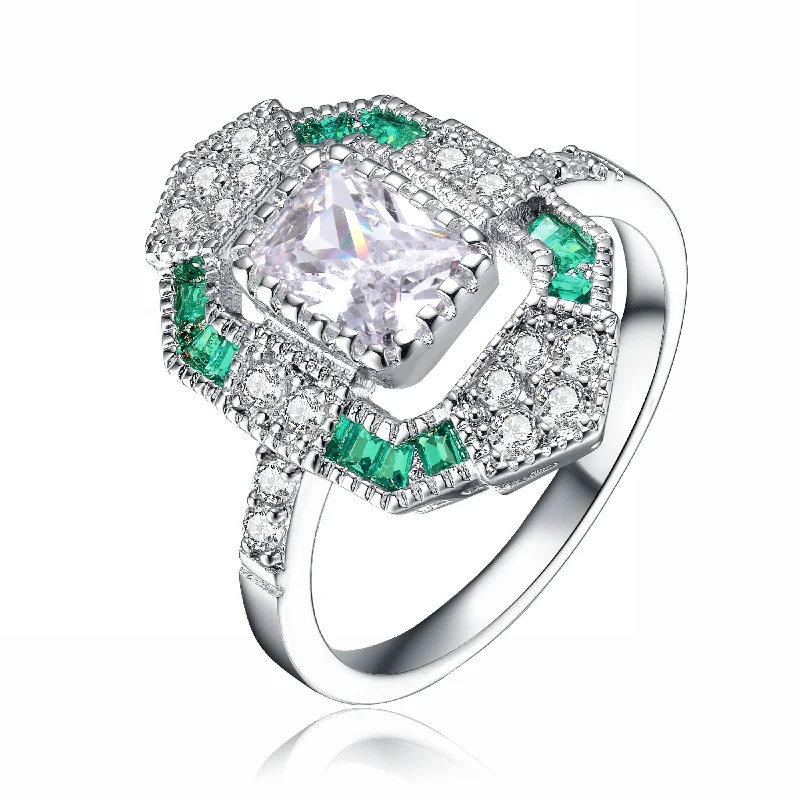 women sterling silver engagement rings -GENEVIVE Sterling Silver Emerald Cubic Zirconia Coctail Ring