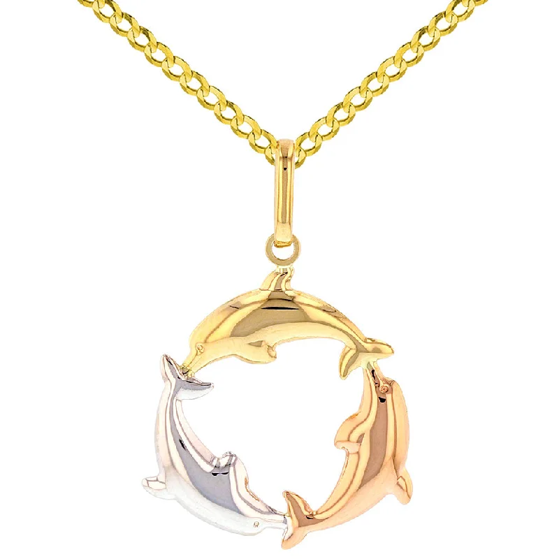 women zodiac necklaces -Polished 14K Tri-Color Gold Kissing Dolphin Circle Pendant Cuban Necklace