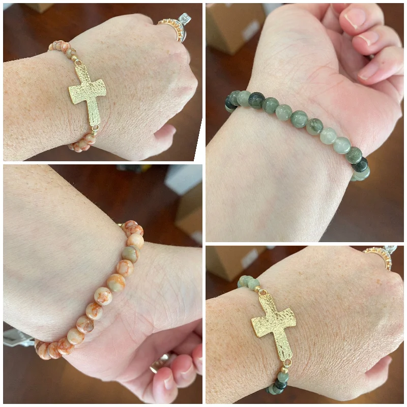 women engraved bangle sets -semi-precious stone bracelet with cross