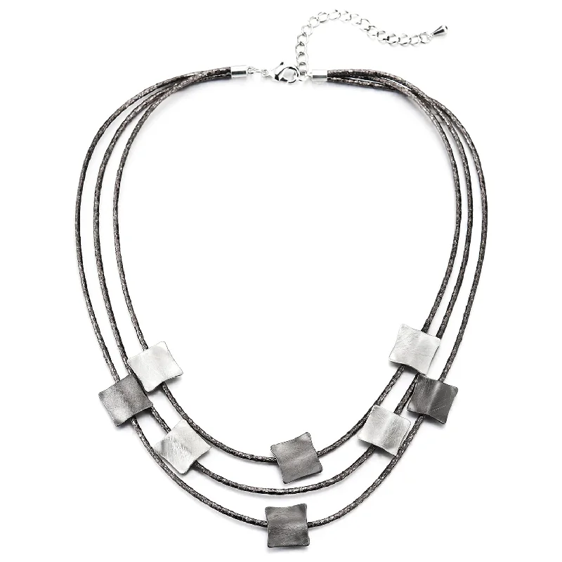 women oversized necklaces -Three-strand Bib Choker Collar Statement Necklace with Grey Silver Square Charms Pendant, Dress