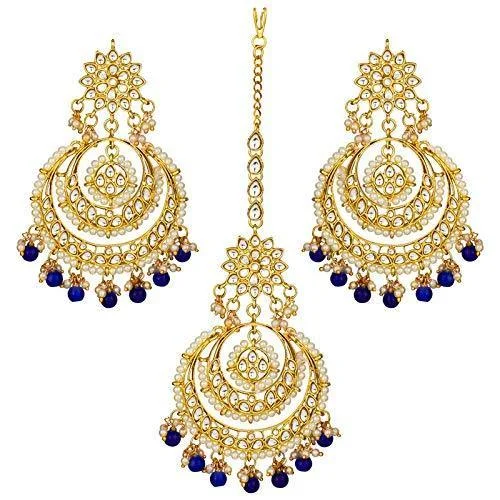 women rhinestone earrings -Etnico Traditional Gold Plated Wedding Chandbali Kundan & Pearl Earring Set With Maang Tikka for Women (TE7077BL)