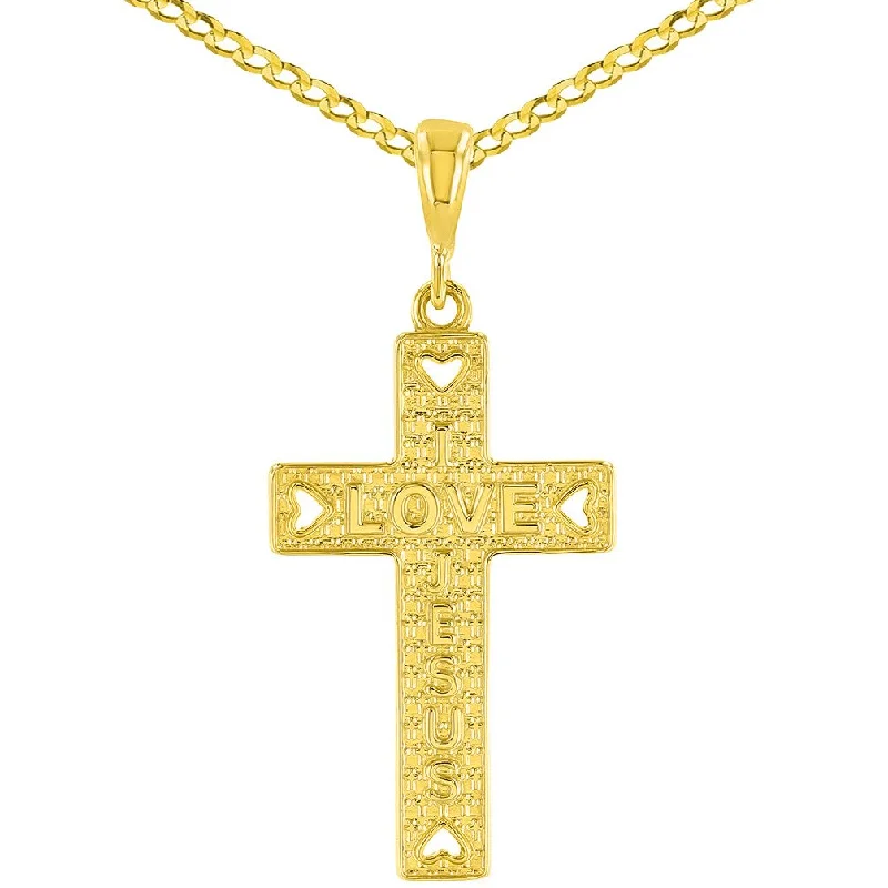 women elegant necklaces -14K Yellow Gold I Love Jesus Cross Charm Pendant Cuban Concave Necklace