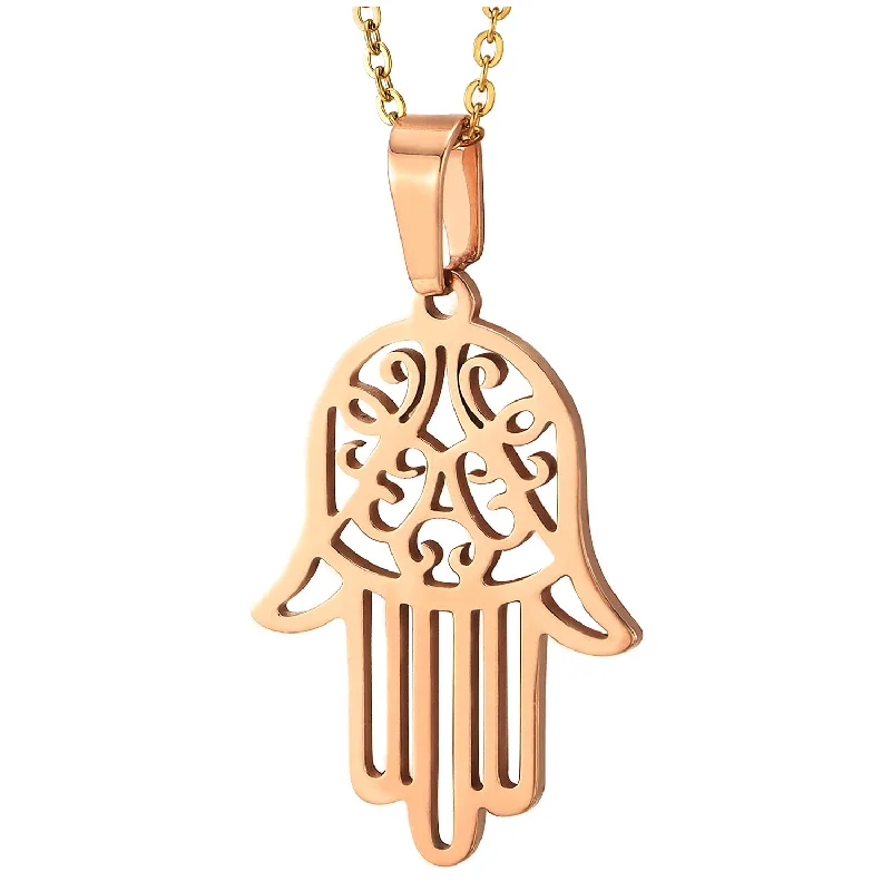 women gemstone necklaces -Stainless Steel Women Rose Gold Hamsa Hand of Fatima Pendant Necklace with 20 Inches Rope Chain