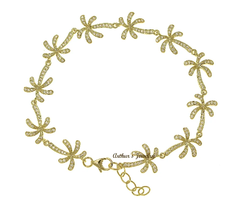 women birthstone bangles -YELLOW GOLD PLATE 925 SILVER HAWAIIAN PALM TREE LINK BRACELET CZ 7.5 INCH