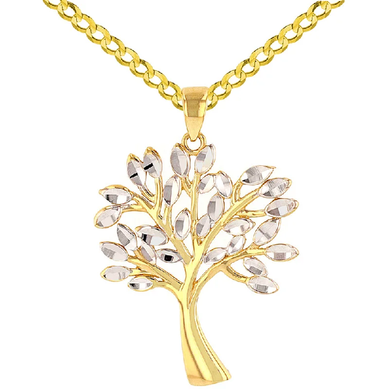 women luxury silver necklaces -Solid 14K Yellow Gold Textured Elegant Tree of Life Pendant with Cuban Chain Necklace