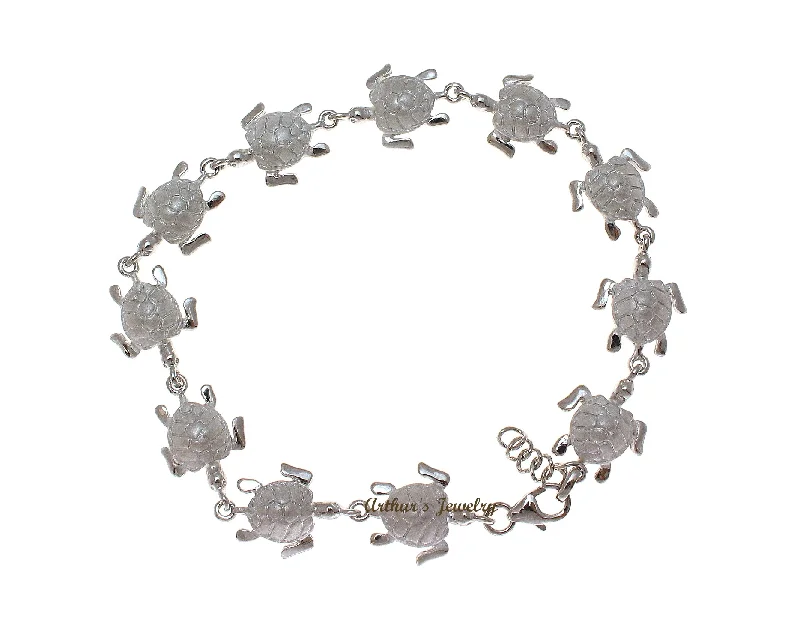 women gold link bracelets -RHODIUM PLATED STERLING SILVER 925 HAWAIIAN SEA TURTLE BRACELET MEDIUM 7.5"