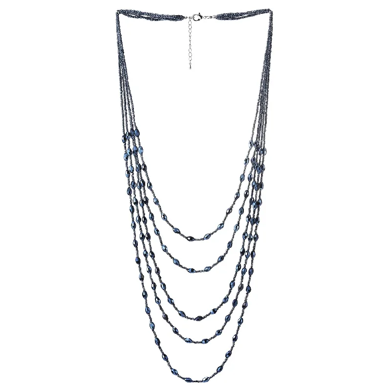 women elegant necklaces -Dark Blue Oval Beads Statement Necklace Multi-Strand Long Chains with Crystal Charms Pendant