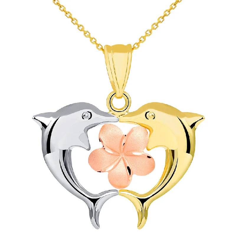 women gemstone drop necklaces -14k Tri Color Gold High Polish Kissing Dolphins with Hawaiian Plumeria Flower Pendant Necklace