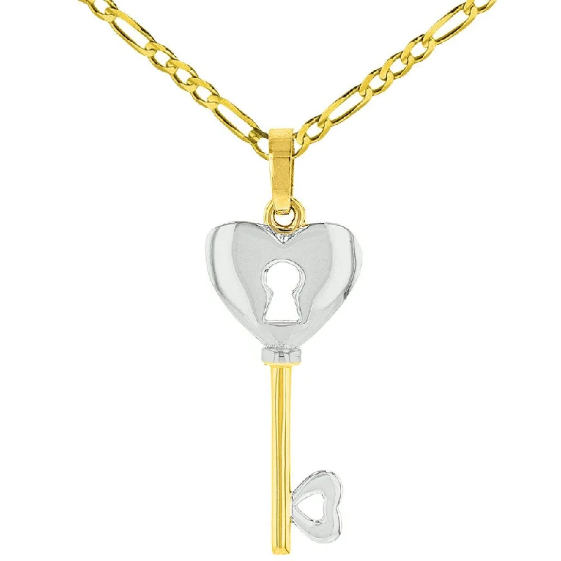 women infinity pendant necklaces -14K Yellow Gold Polished Key to My Heart Love Pendant with Figaro Chain Necklace