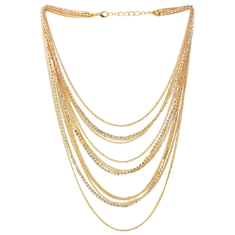 women elegant necklaces -Gold Color Waterfall Multi-Strand Chains Statement Collar Necklace with Rhinestones Chains, Dress