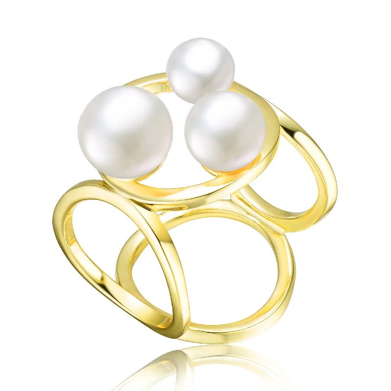 women affordable engagement rings -GENEVIVE Sterling Silver Gold Plated 6.5-8MM Freshwater Pearls Geometric Ring