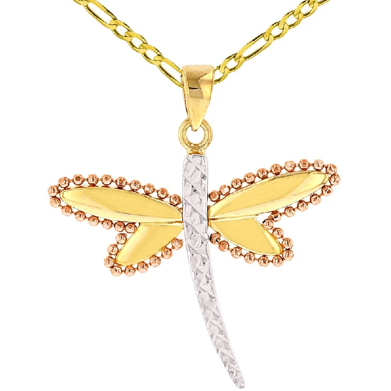 women designer necklaces -Jewelry America Textured 14K Yellow Gold and Rose Gold Milgrain Dragonfly Pendant Necklace