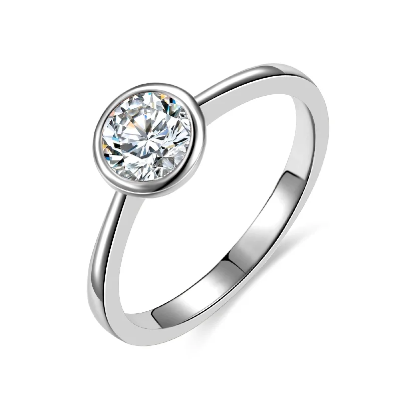 women halo engagement rings -Rg White Gold Plated with Diamond Cubic Zirconia Bezel Solitaire Ring